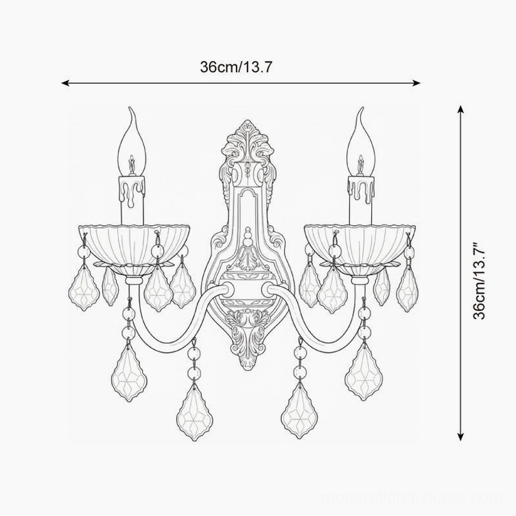 Architectural design sketch of dual light baroque wall sconce with symmetrical crystal pendants