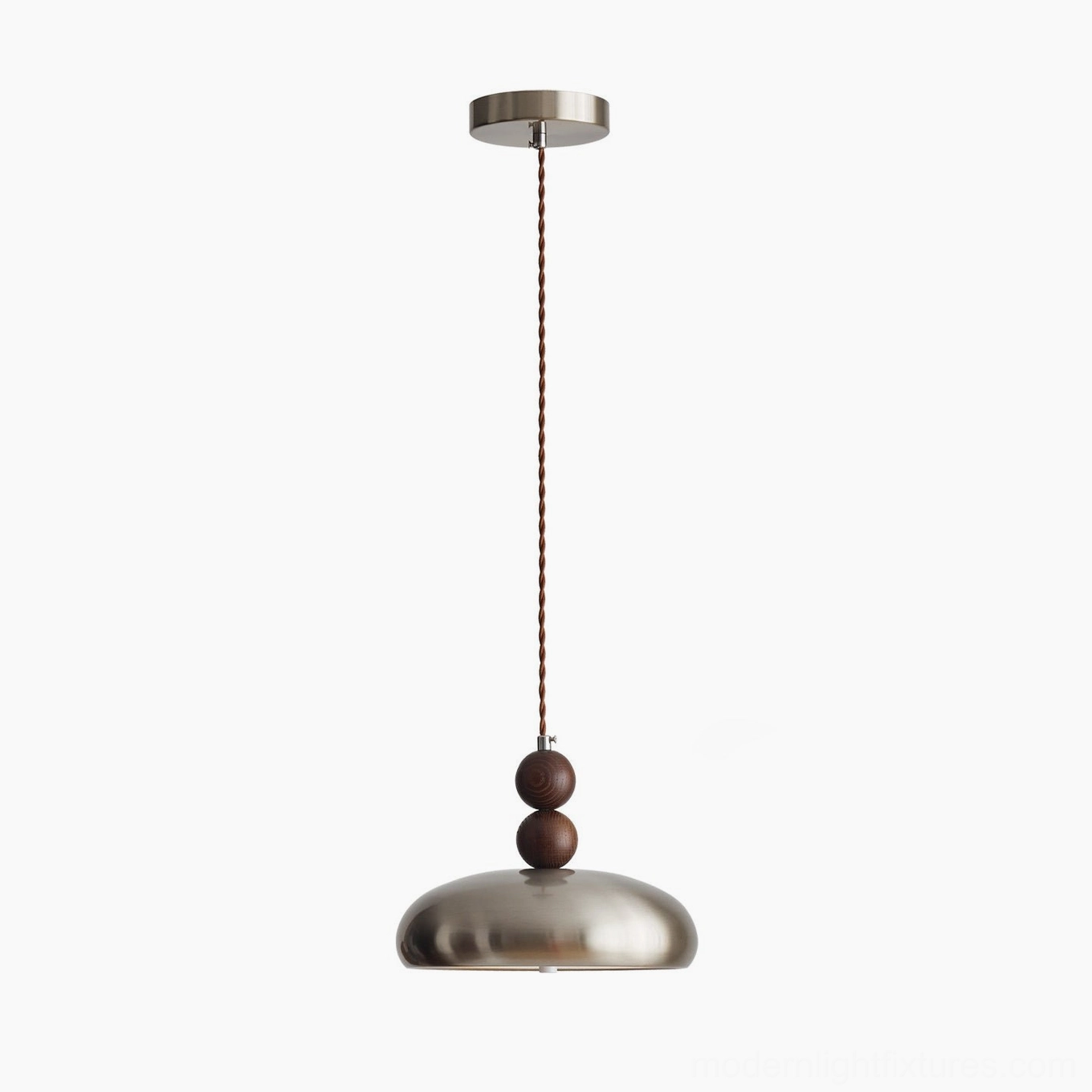 Rellin pendant lamp with brushed silver shade and walnut wooden bead accents on twisted brown cord studio view