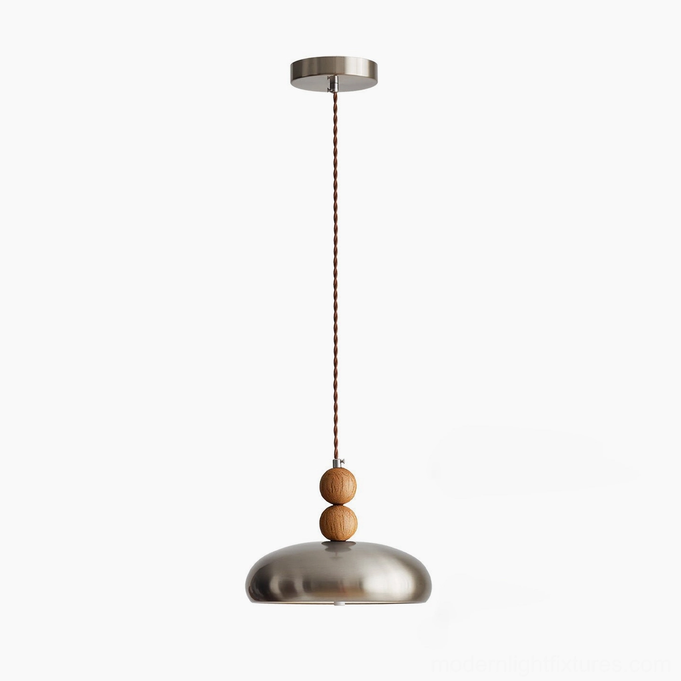 Rellin modern pendant light with brushed metal dome shade and light tan wooden bead stacking details