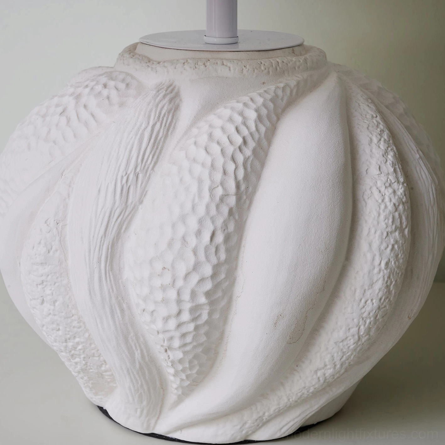 Remi ceramic drum shade table lamp close-up detail of textured white base and fabric shade construction