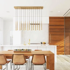 Renaie Brass Cluster Chandelier installed over modern kitchen dining zone with rectangular ceiling base