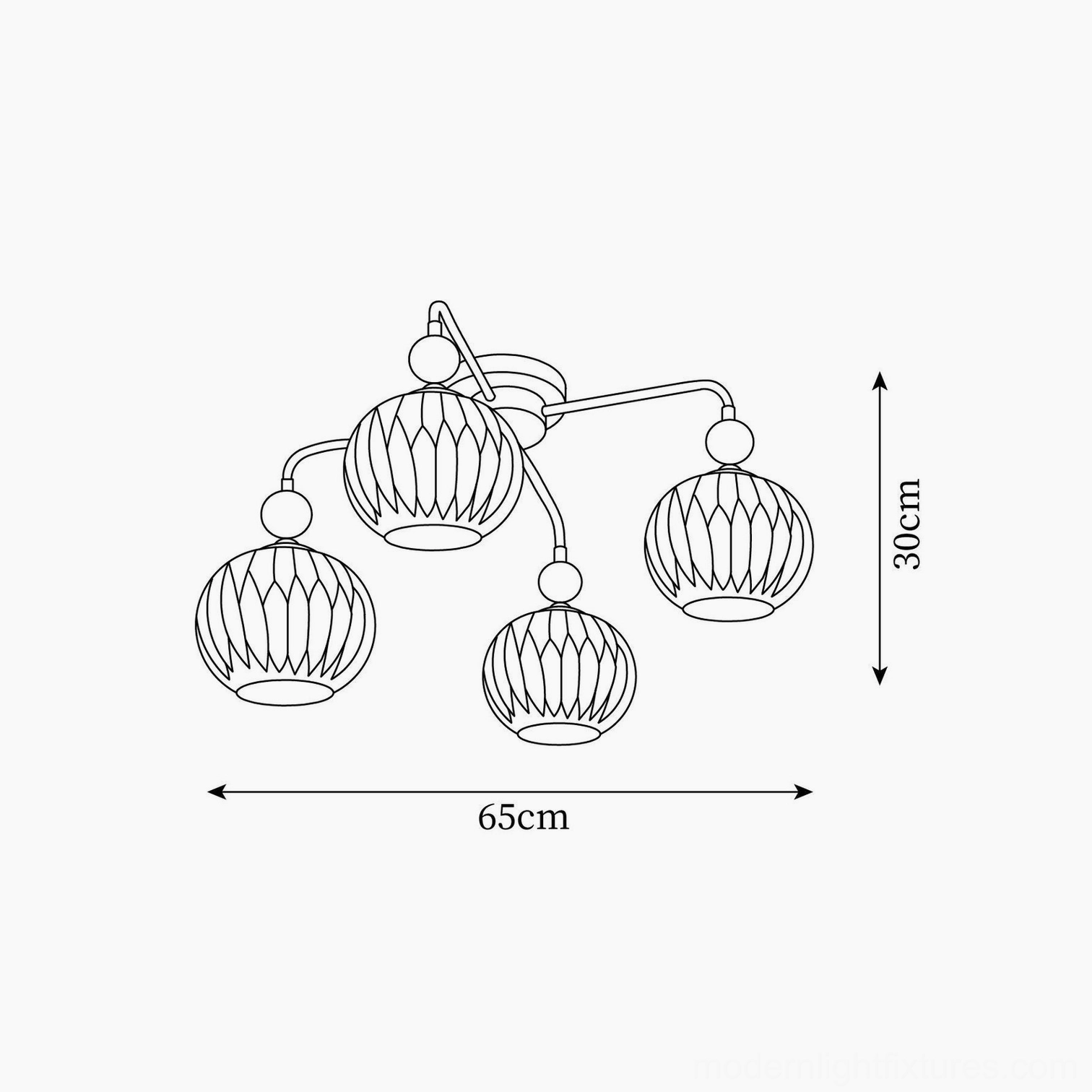 4-head Renee ribbed glass ceiling light technical diagram - dimensions 65cm diameter x 30cm height