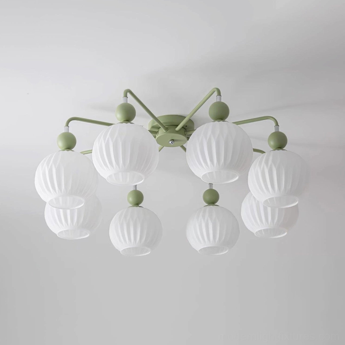Renee 4-head matte green ceiling light - compact ribbed glass semi-flush fixture for intimate spaces