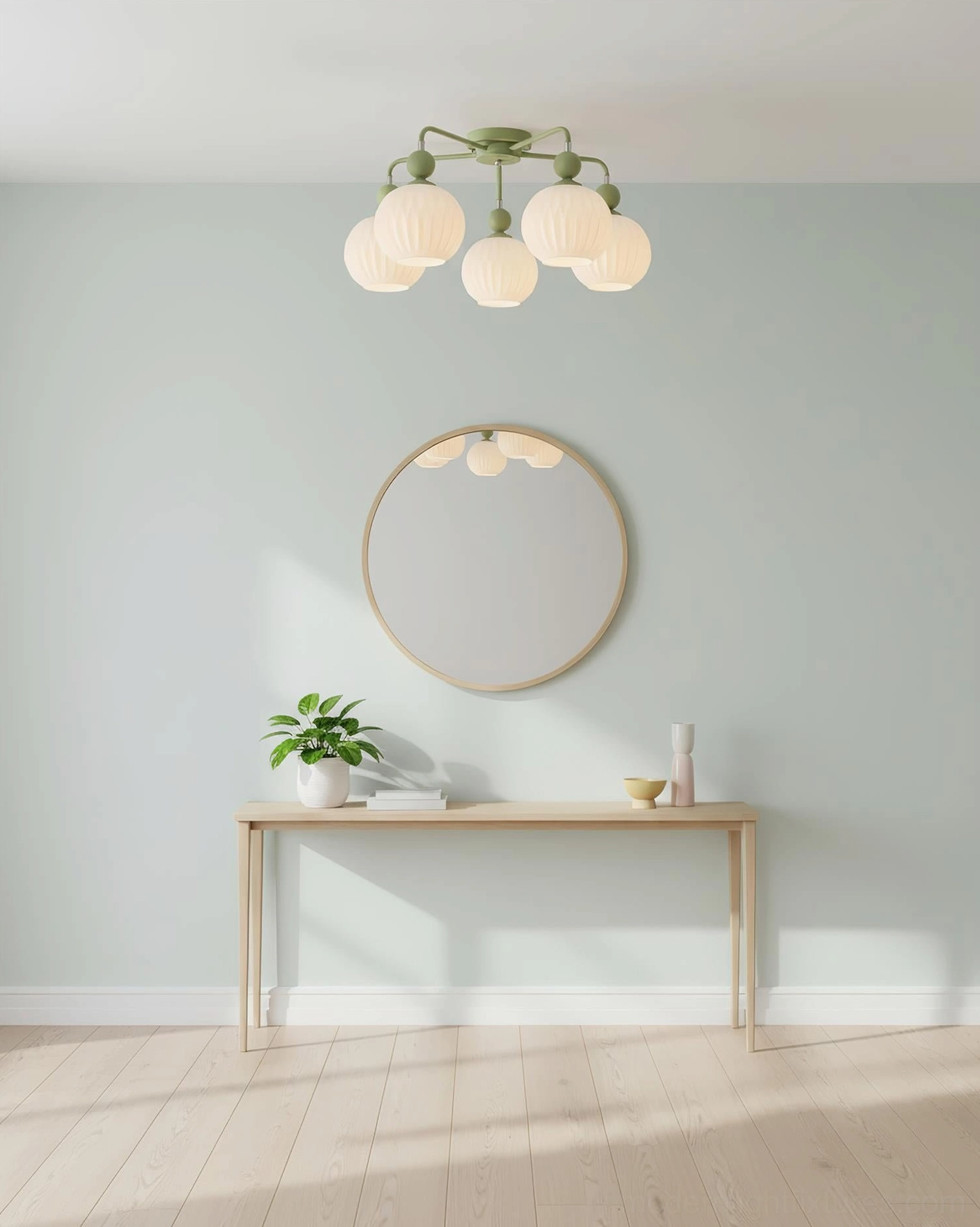 5-head Renee semi-flush chandelier over console table entryway - soft pastel cottage style with matte green hardware