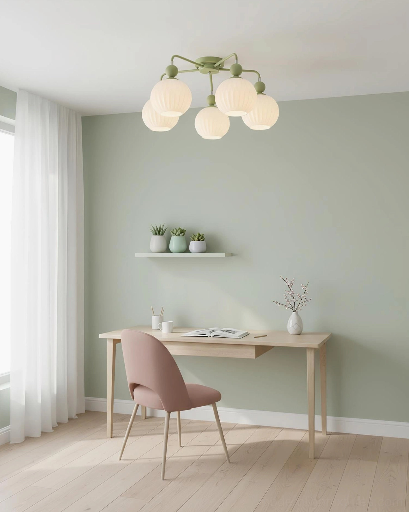 5-head Renee ribbed glass ceiling light in minimalist home study room with matte green metal frame - natural interior lighting