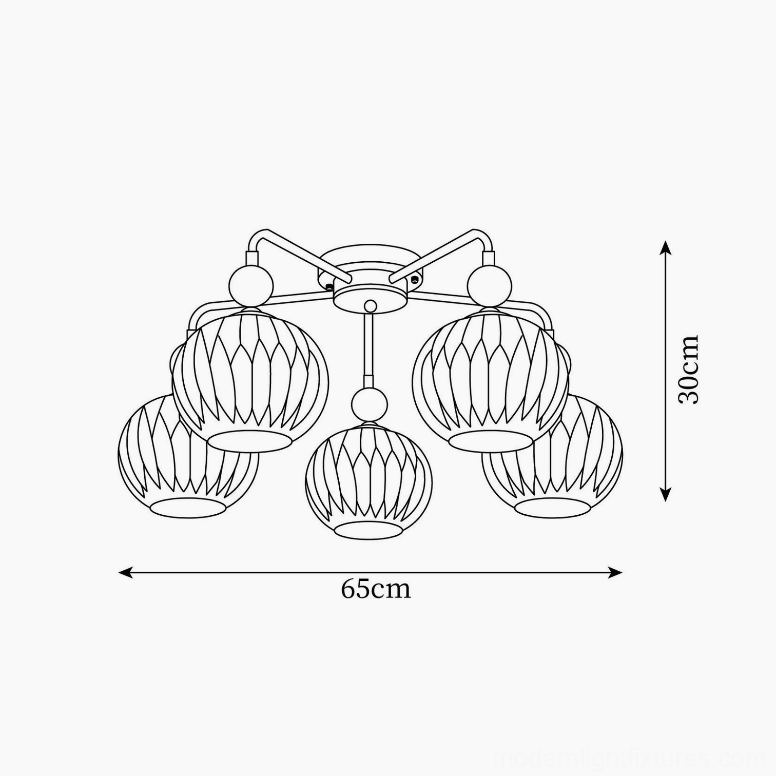 5-head Renee semi-flush ceiling light fixture technical diagram - size specifications 65cm diameter x 30cm height