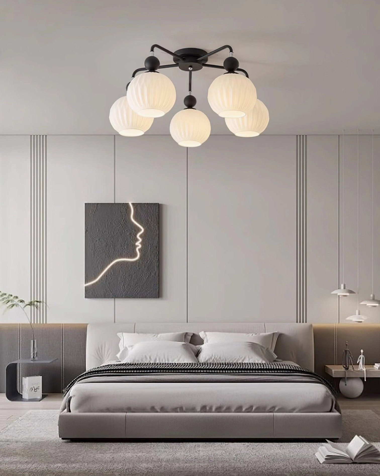 5-head Renee semi-flush chandelier in kitchen island installation - task and ambient lighting contemporary