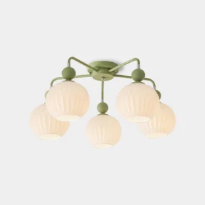 Renee 5-head ribbed glass ceiling light fixture with matte green metal frame and frosted glass shades on white background - modern semi-flush chandelier