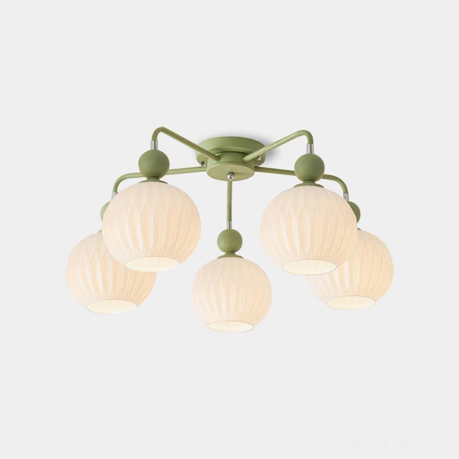Renee 5-head ribbed glass ceiling light fixture with matte green metal frame and frosted glass shades on white background - modern semi-flush chandelier
