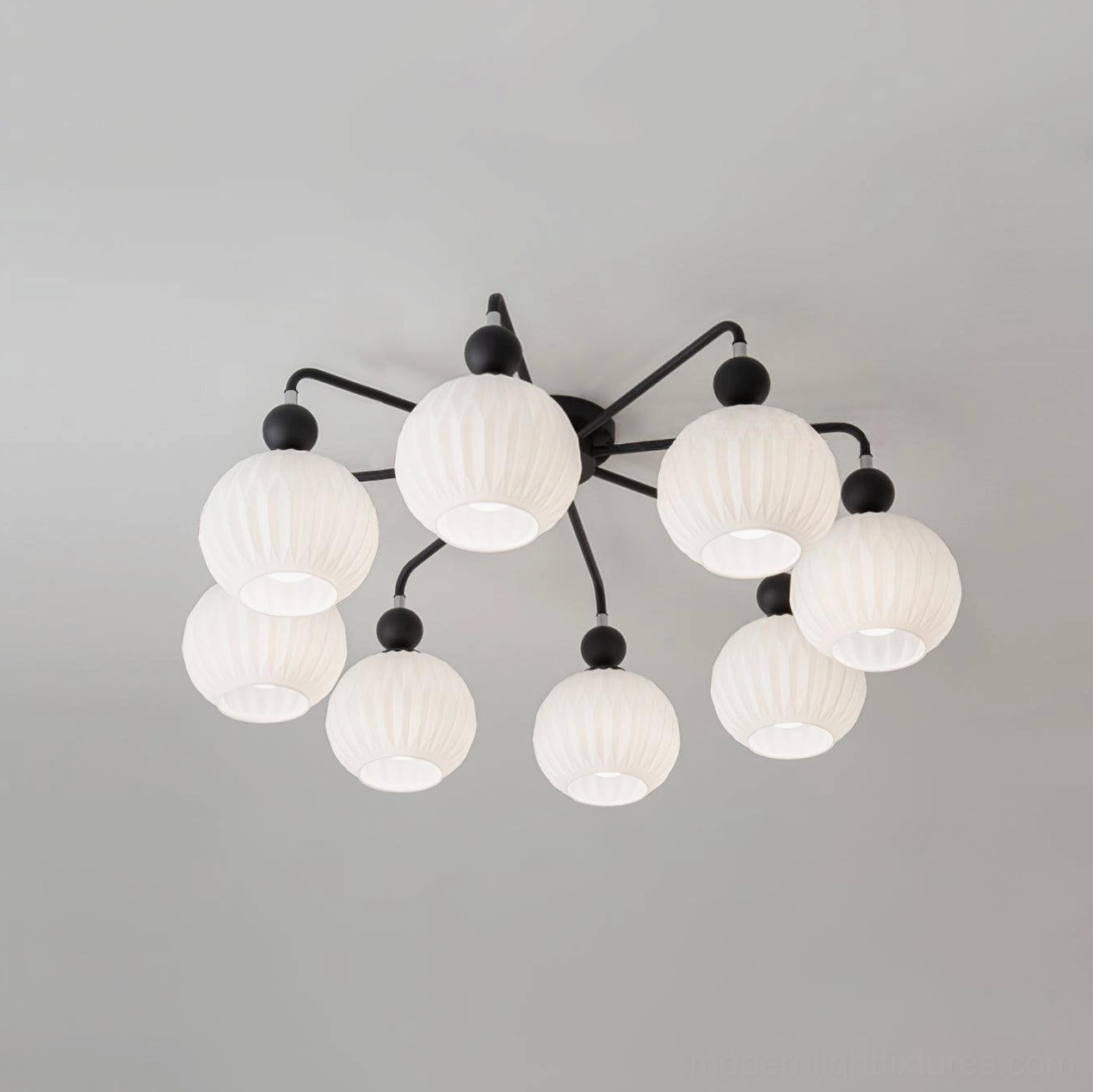 Renee 8-head black ceiling light with ribbed glass shades - dramatic fixture for expansive interior spaces