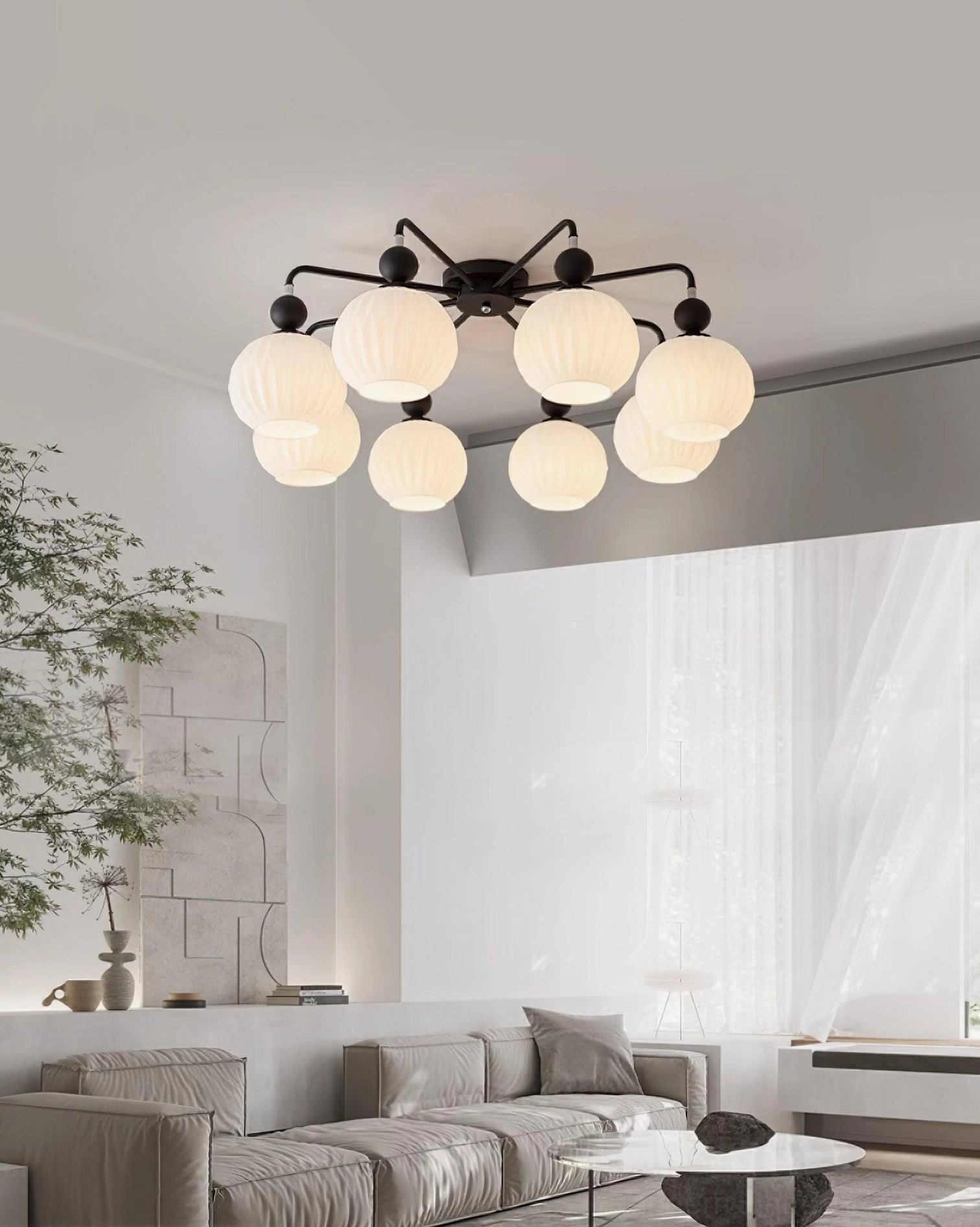 8-head Renee ceiling light with black metal frame and ribbed glass shades in modern neutral living room - minimalist design overhead