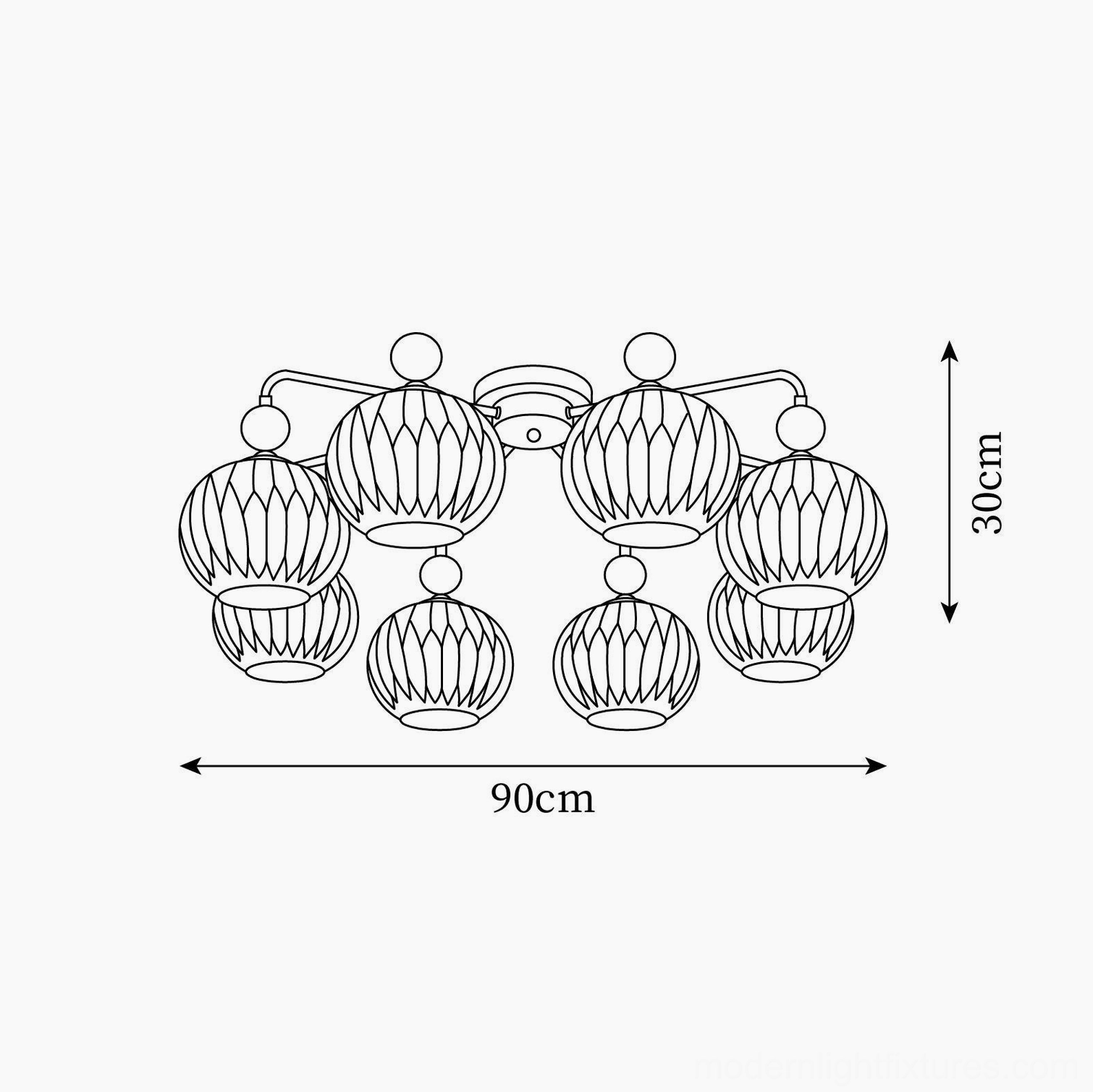 8-head Renee ribbed glass ceiling light technical diagram - dimensions 90cm diameter x 30cm height open-plan