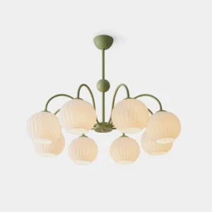 Renee modern ribbed glass pendant chandelier with eight frosted white globes on curved green metal stems, front view isolated on white background
