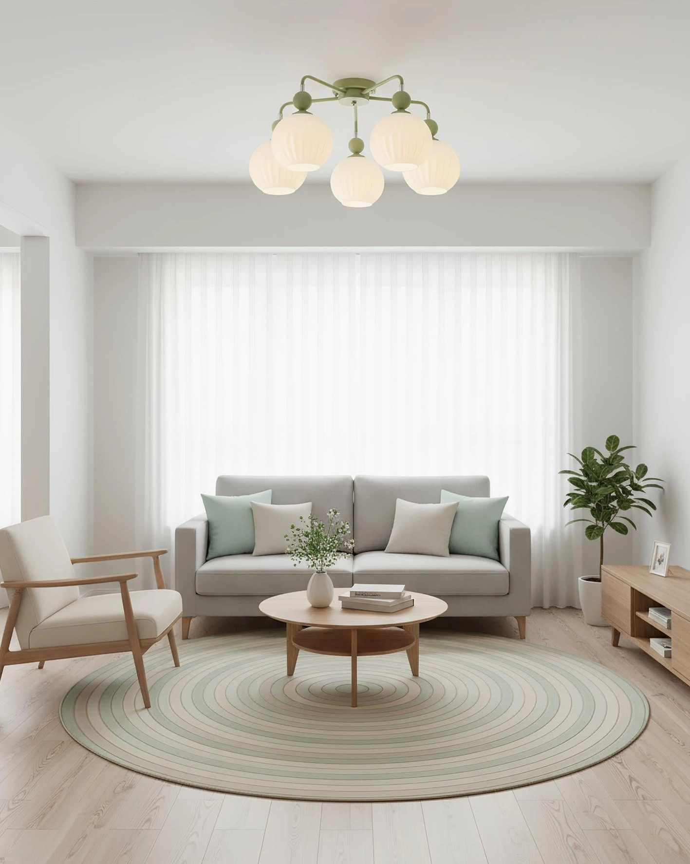 Renee semi-flush ceiling light mounted close-up showing matte metal frame and canopy assembly with glass shades