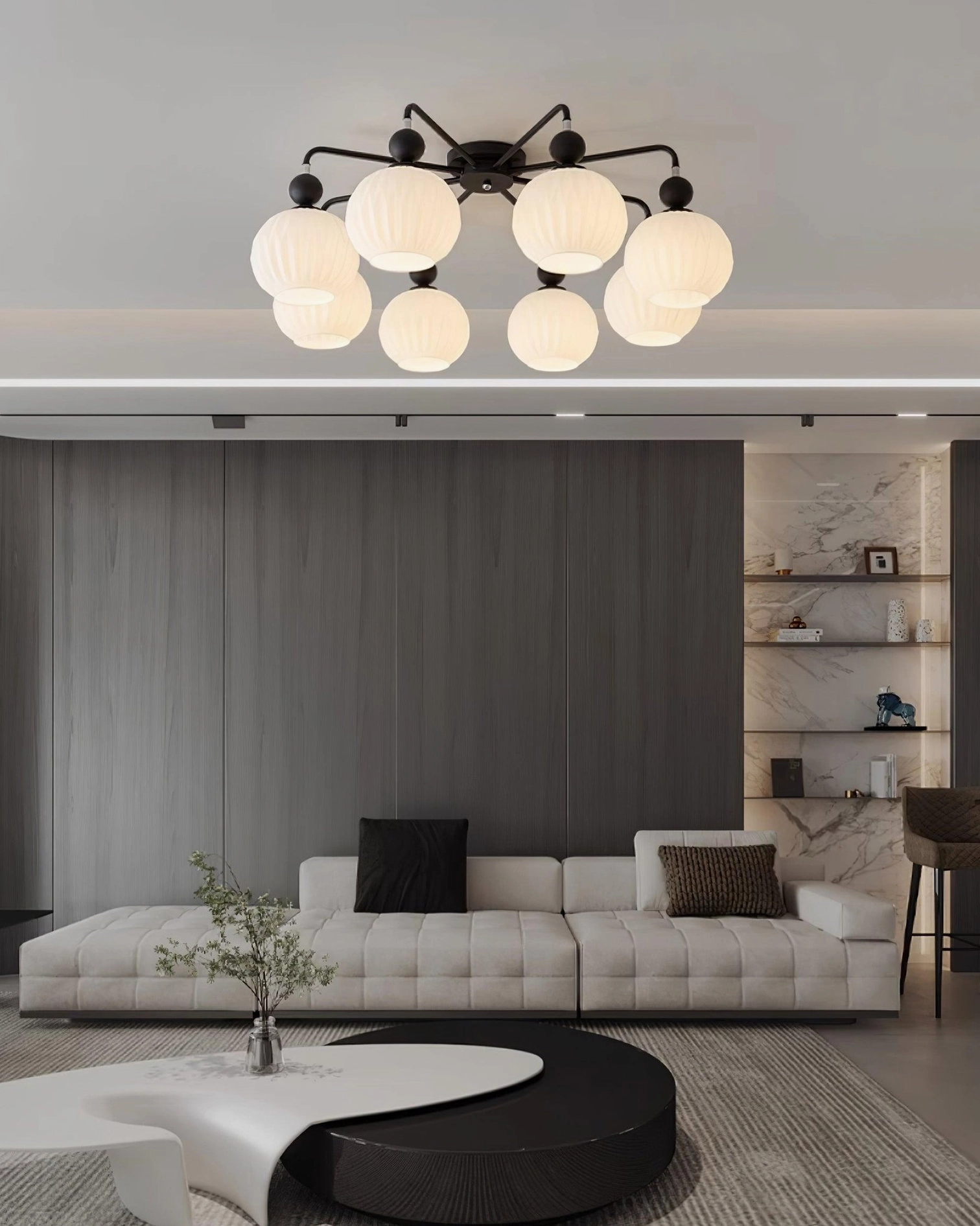 Renee ribbed glass ceiling light installation view showing how light diffuses through frosted shades