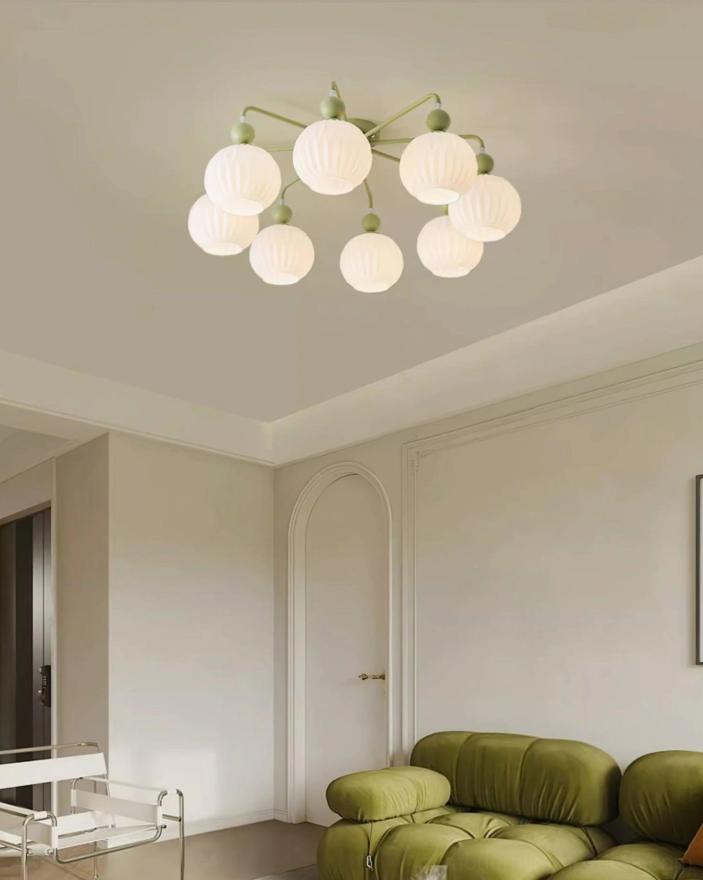Renee matcha green ceiling light fixture showing earthy color option with natural wood furniture pairing