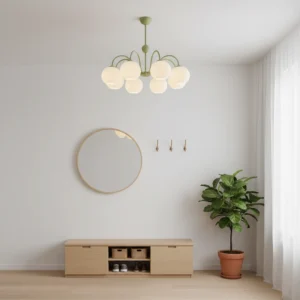Renee frosted ribbed globe chandelier overhead view in minimalist Scandinavian living room with round mirror and wooden cabinet