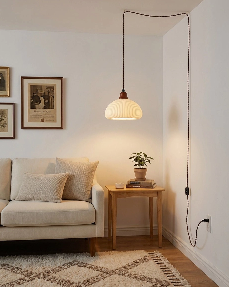 Ceramic plug-in swag pendant light in small living room with sofa, side table, and wall art