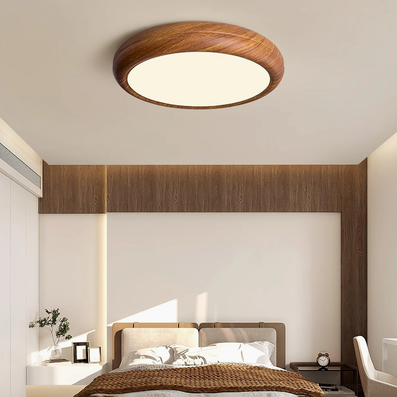 Replaceable LED panel detail of walnut wood grain ceiling light fixture, sustainable lighting technology