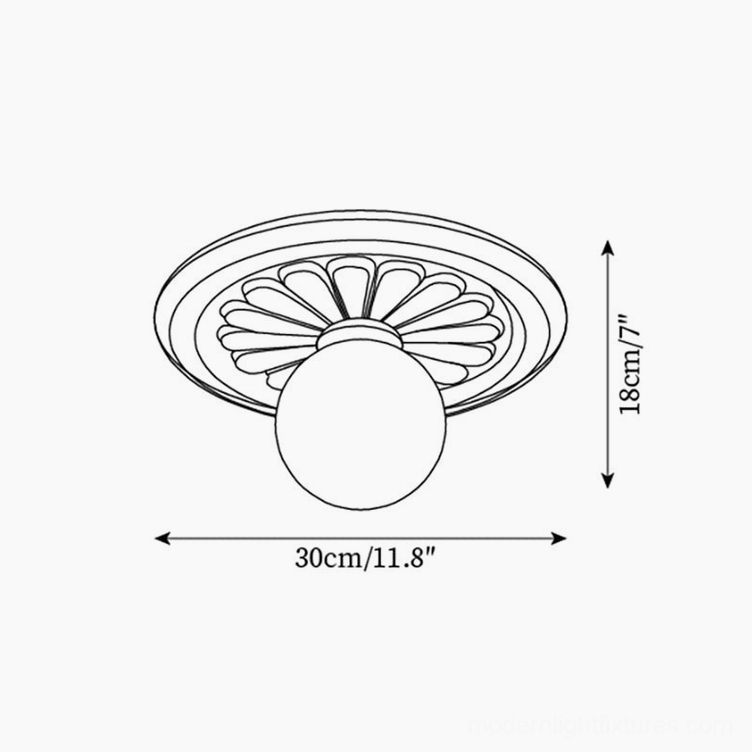 Technical specifications diagram for 30cm modern resin ceiling light showing dimensions and carved relief pattern