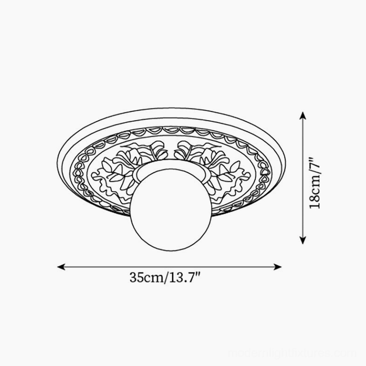 Technical specifications diagram for 35cm standard modern resin ceiling light with floral carved details