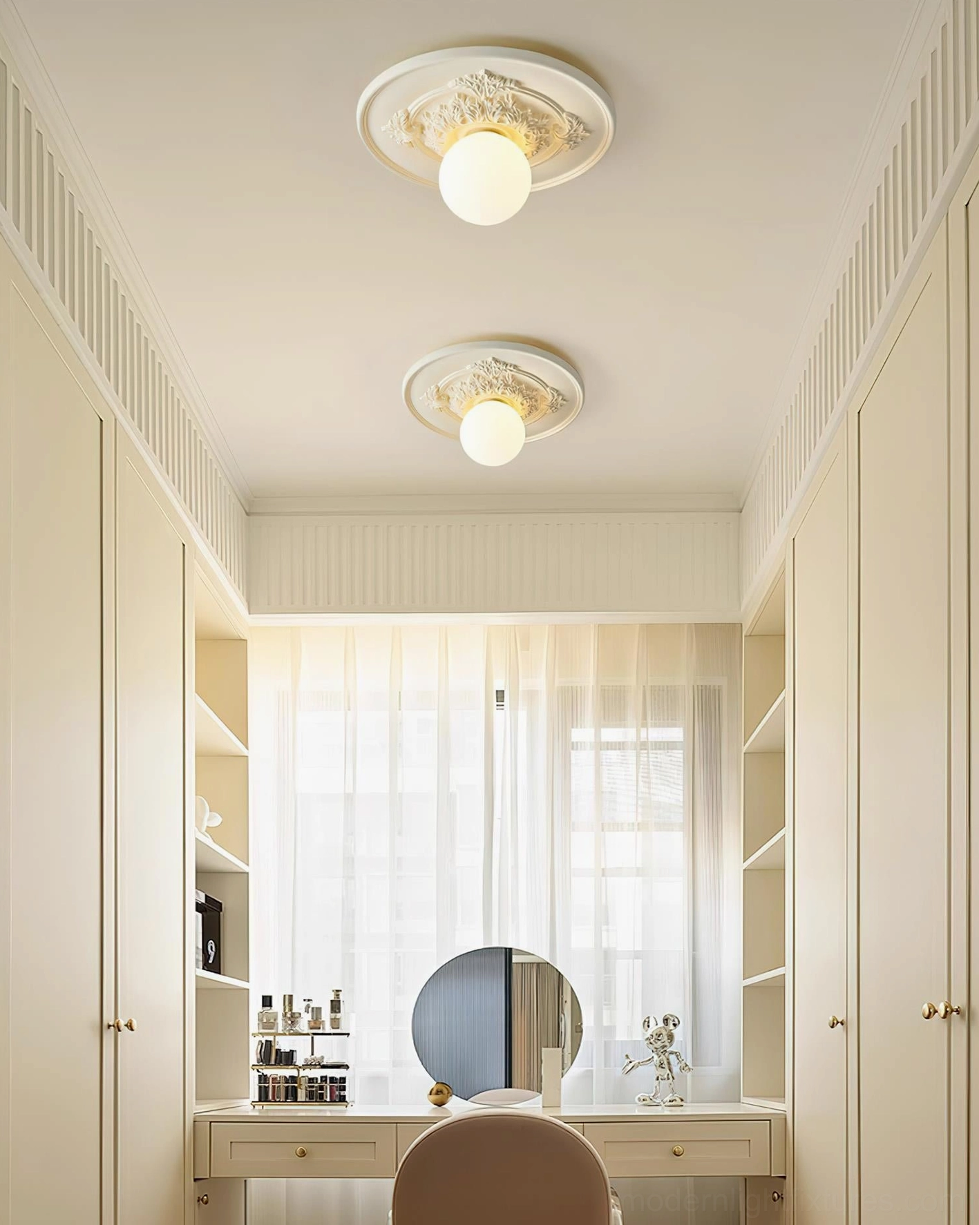Modern resin ceiling light with acrylic globe shade showing light diffusion effect