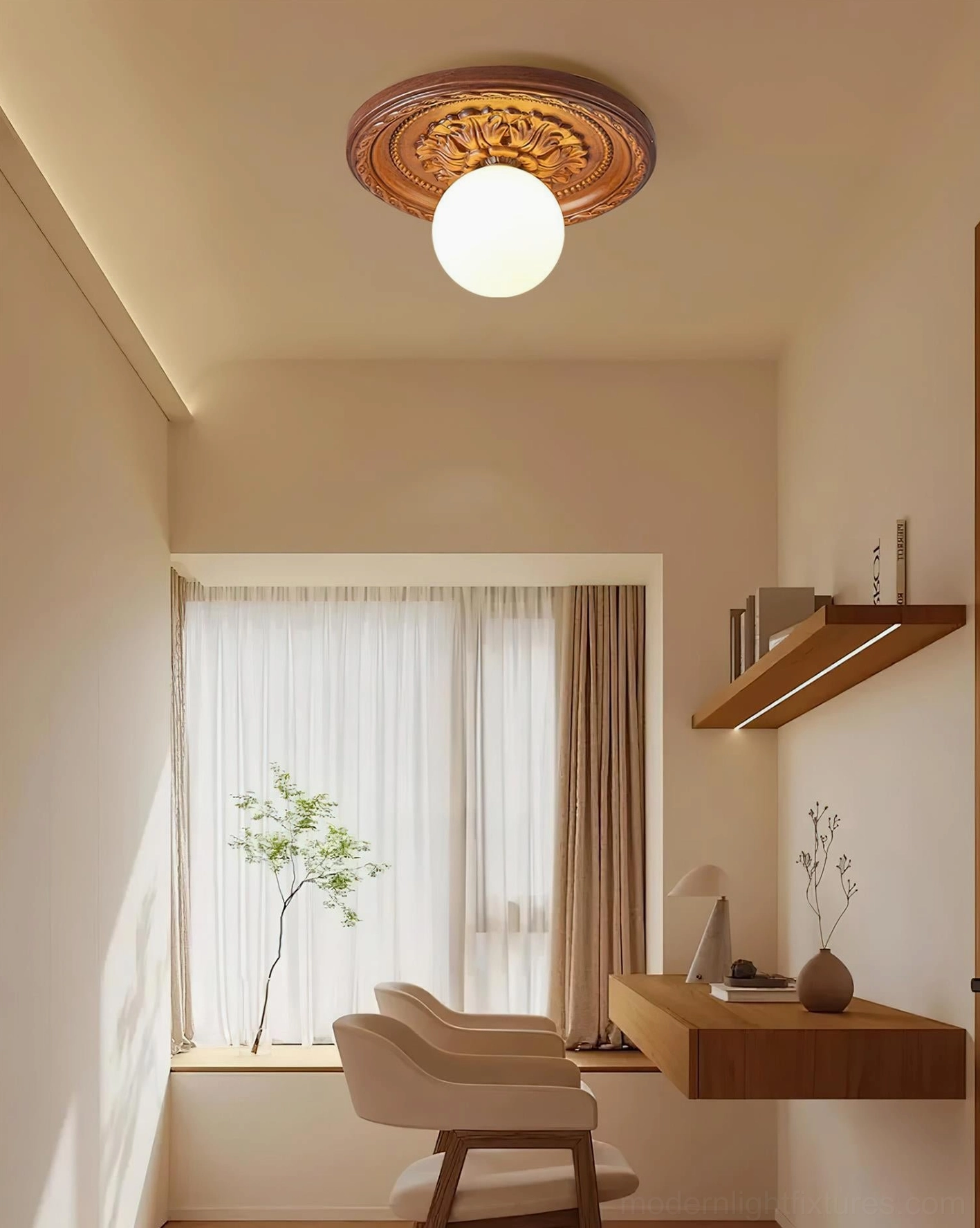 Resin ceiling light fixture showing canopy base and mounting hardware detail