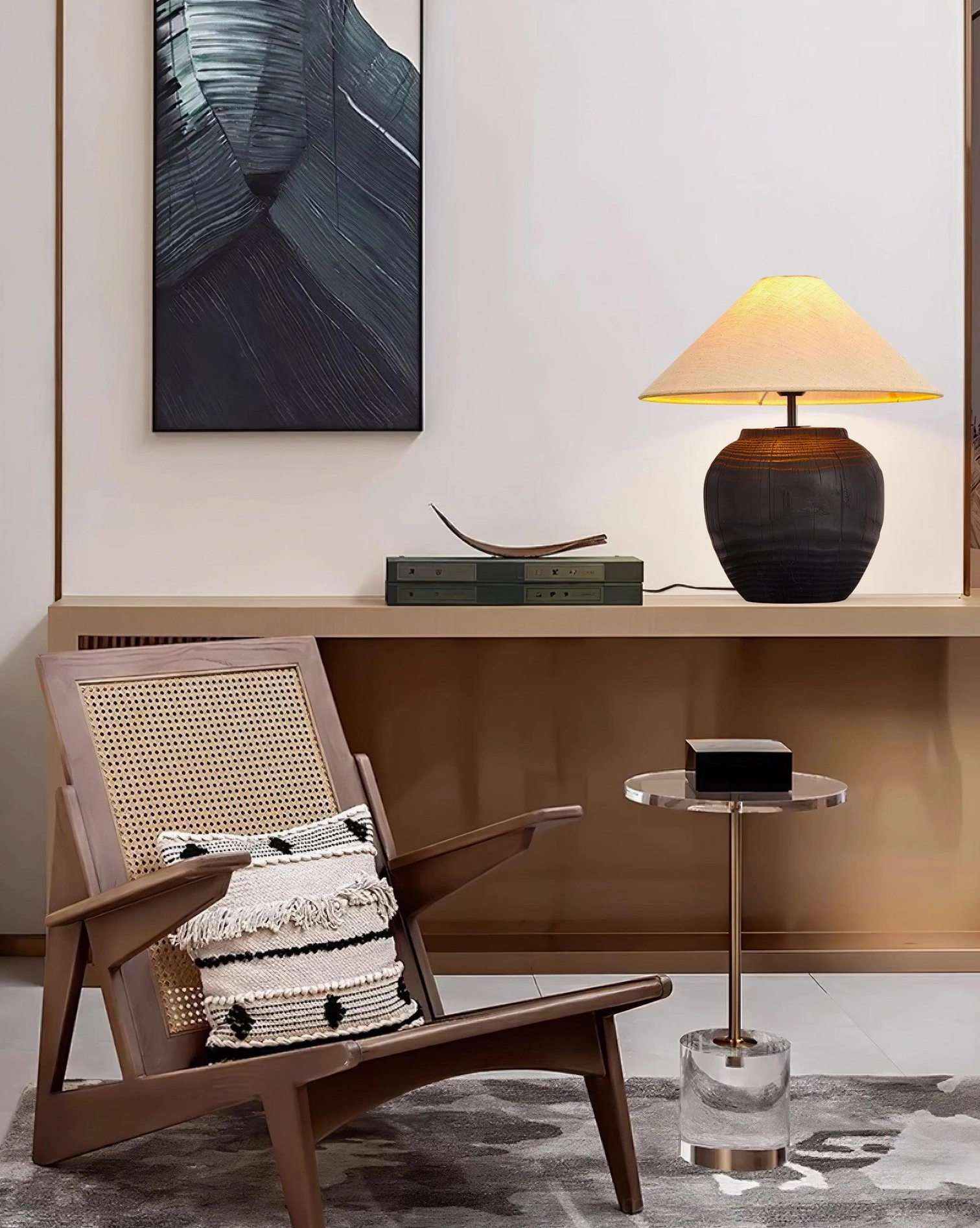 Modern textured resin table lamp with 59-inch power cord placement