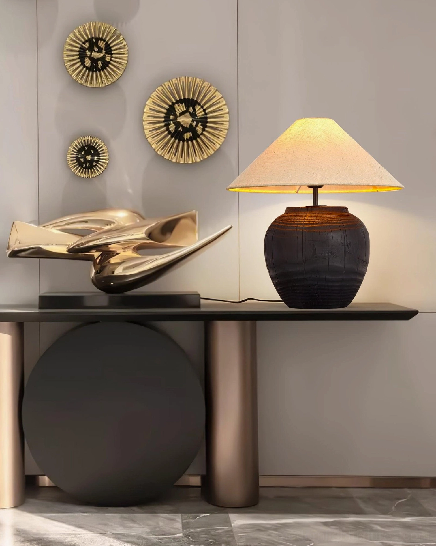 Contemporary black resin table lamp with push button switch detail