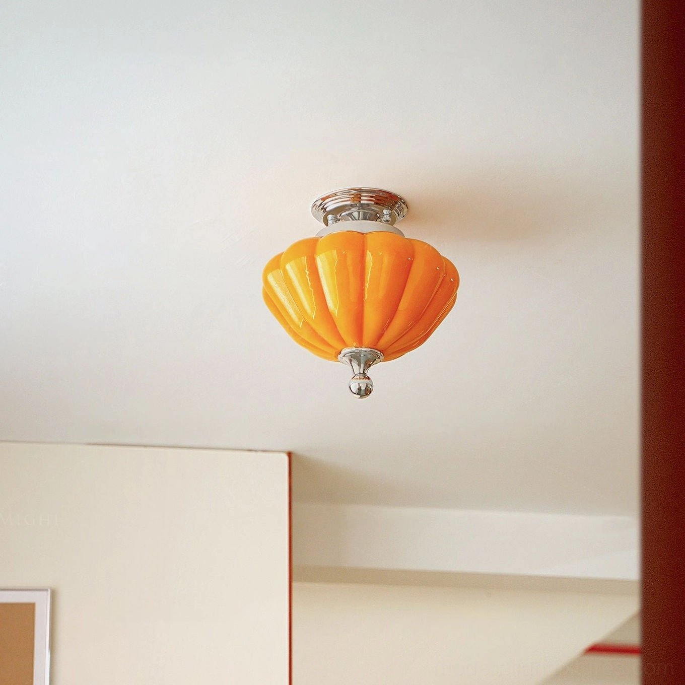 Retro amber ribbed glass semi-flush ceiling light fixture detail shot showing polished chrome canopy and glass texture