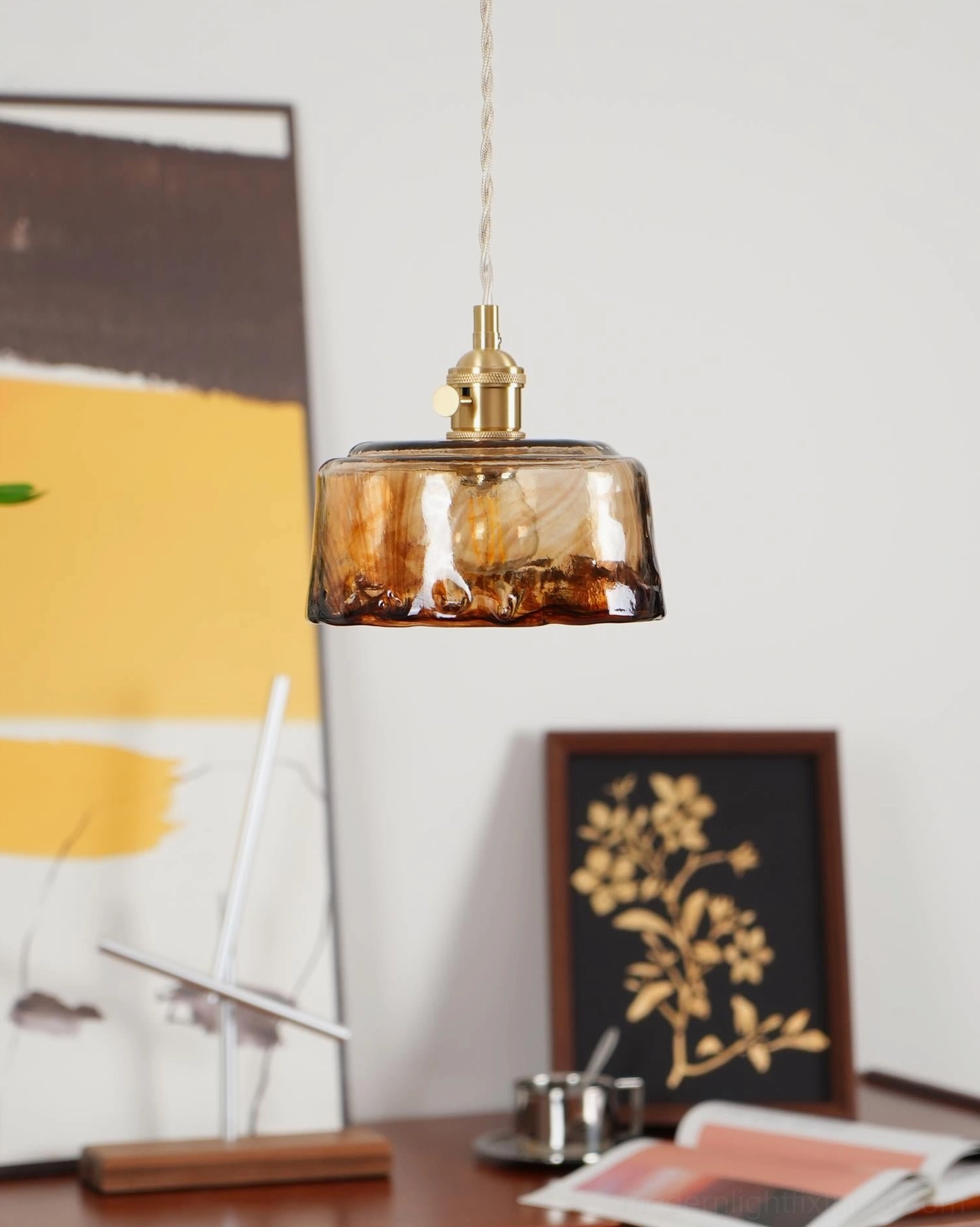 Retro amber glass pendant light - front view artisanal texture detail