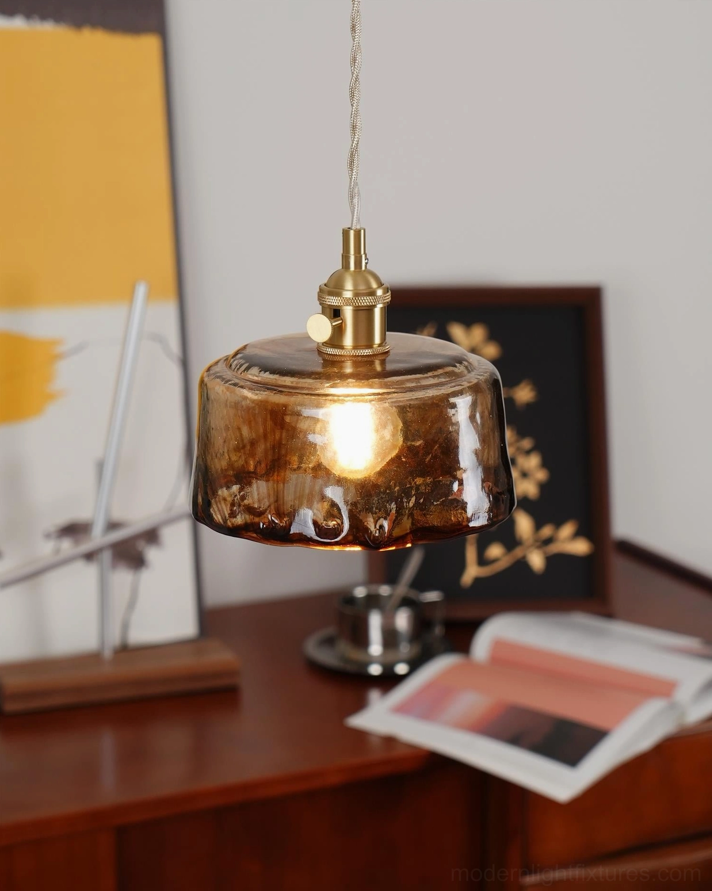 Retro amber glass pendant lamp - detailed artisanal glass texture