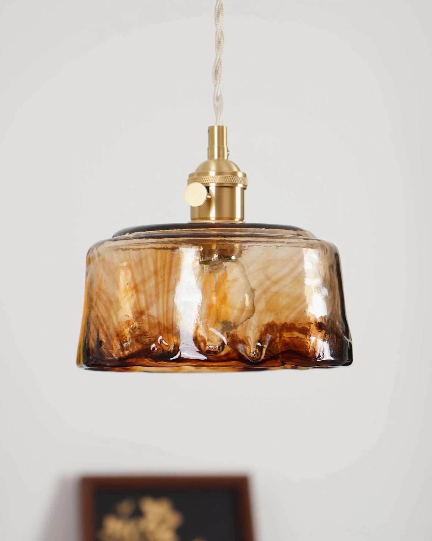 Retro amber glass pendant light fixture - brass hardware detail