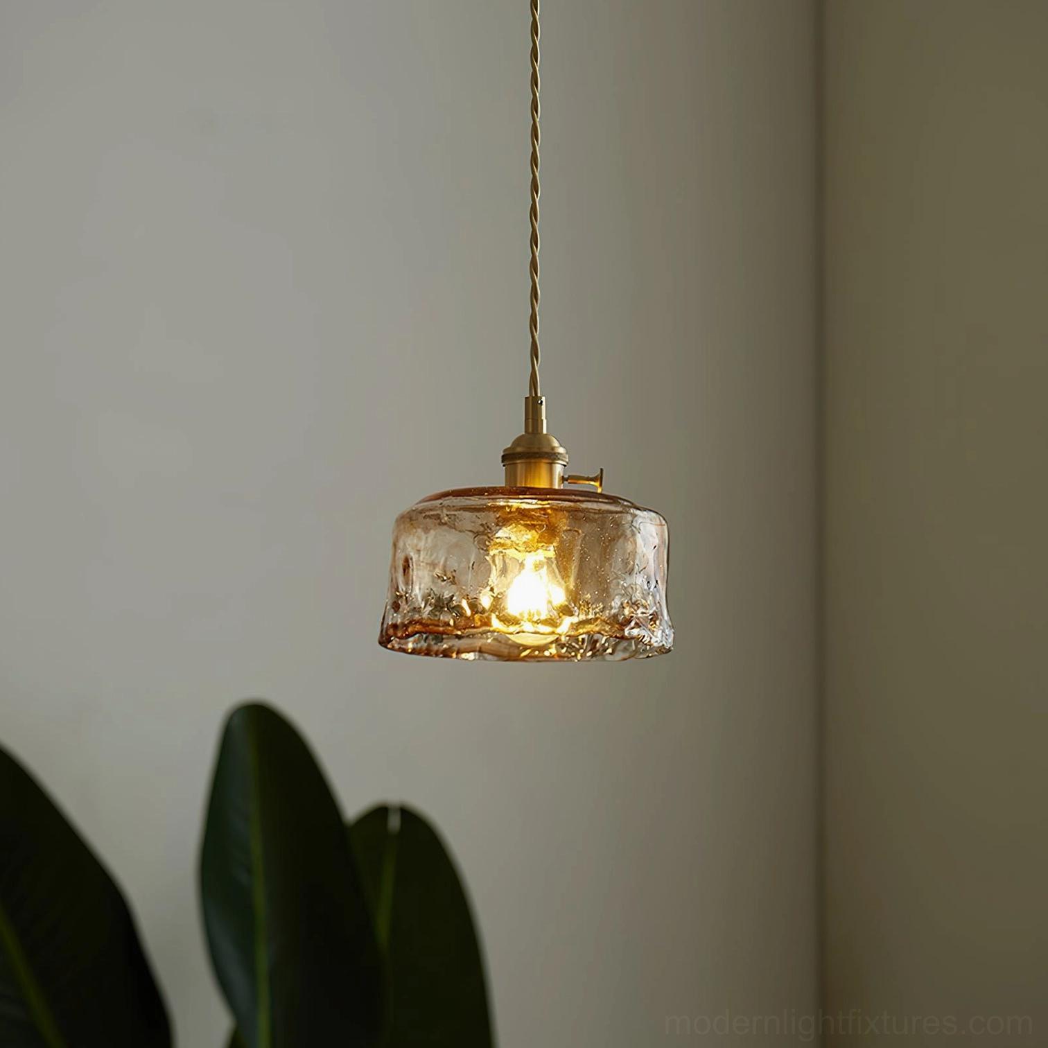 Retro amber glass pendant light - hanging configuration detail view