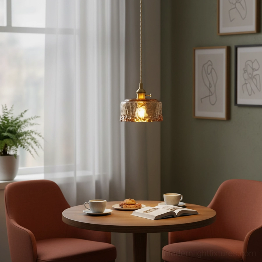Retro amber pendant light hanging from adjustable cord - warm luminescence