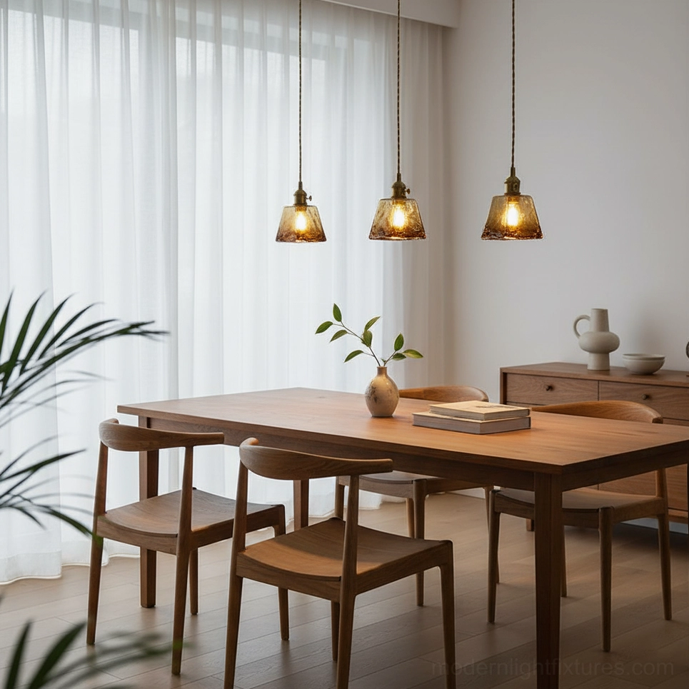 Three retro amber glass hanging pendants in formal dining room with natural light
