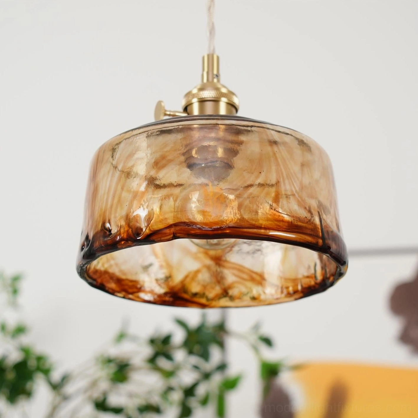 Retro amber glass pendant light - mid-century modern hanging fixture