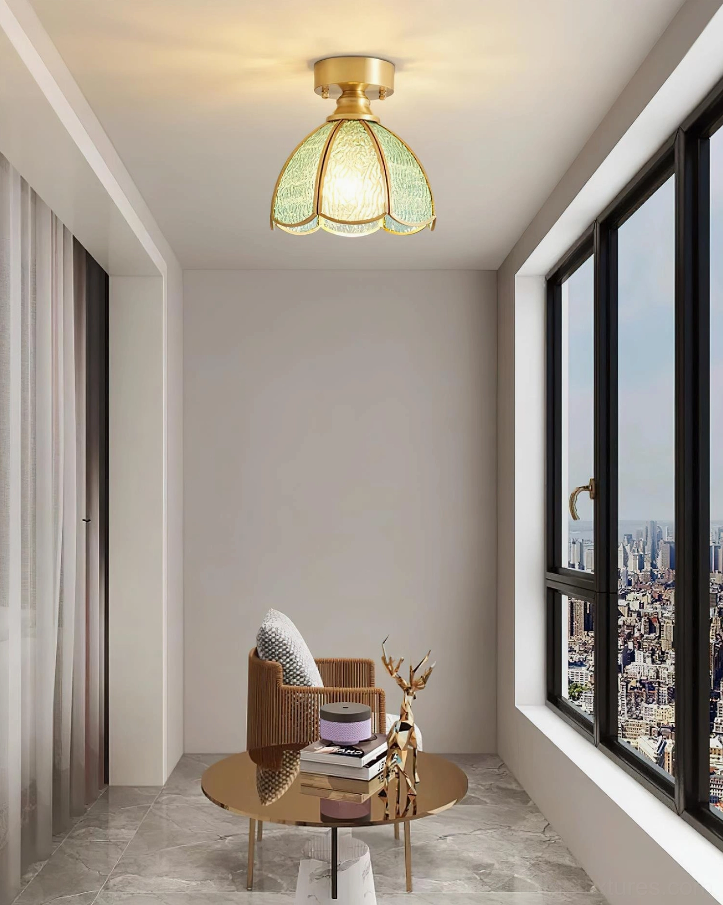 Retro ceiling light fixture showcasing handcrafted aqua and amber glass tones