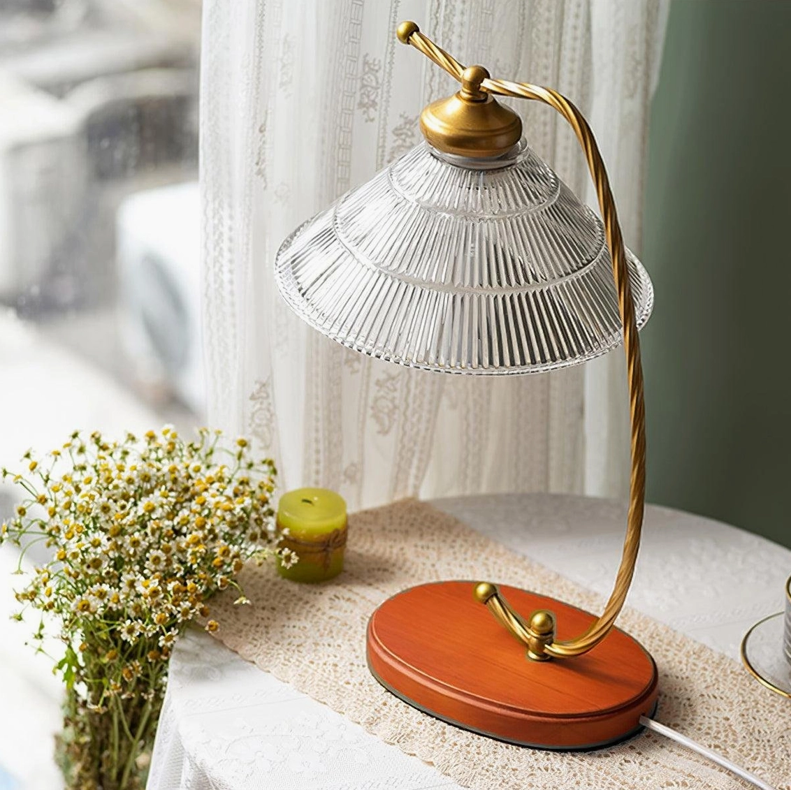 Retro arc table lamp with oval terracotta wooden base, tiered fluted glass shade and dried baby's breath bouquet, cozy side table with lace