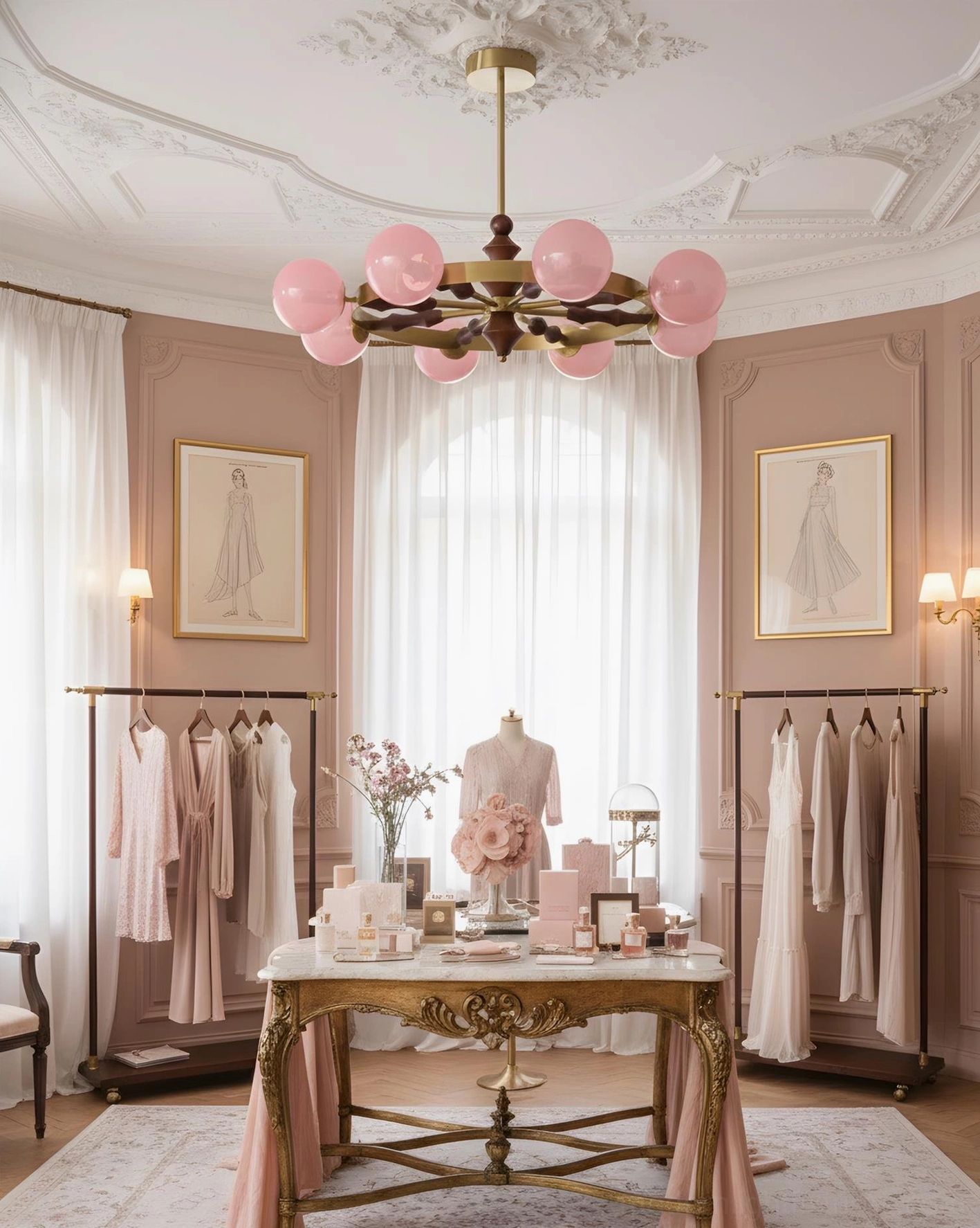 Retro atomic age chandelier with brass frame and pink frosted glass shades vintage inspired lighting