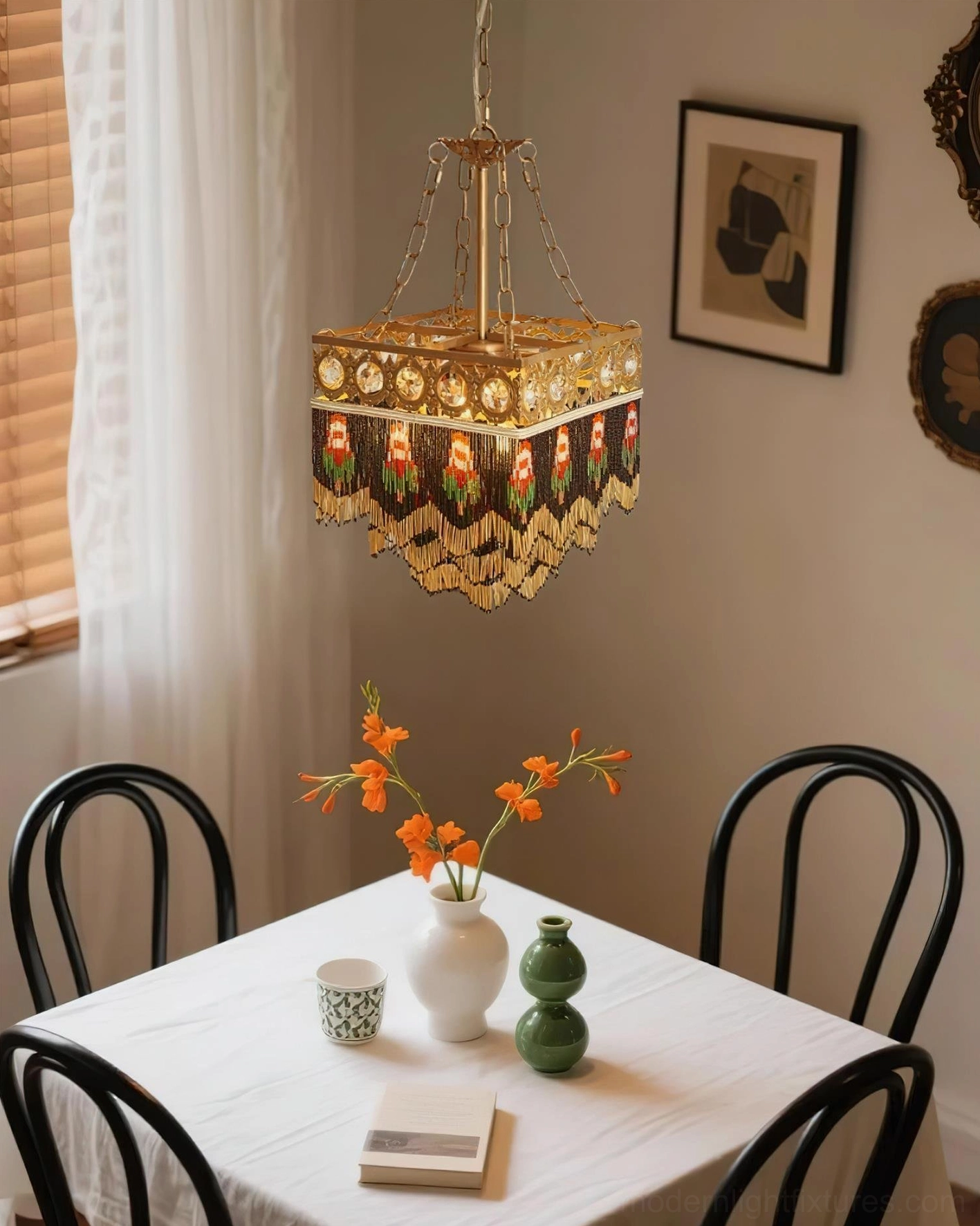 Retro beaded pendant light hanging above dining table with vintage dining set
