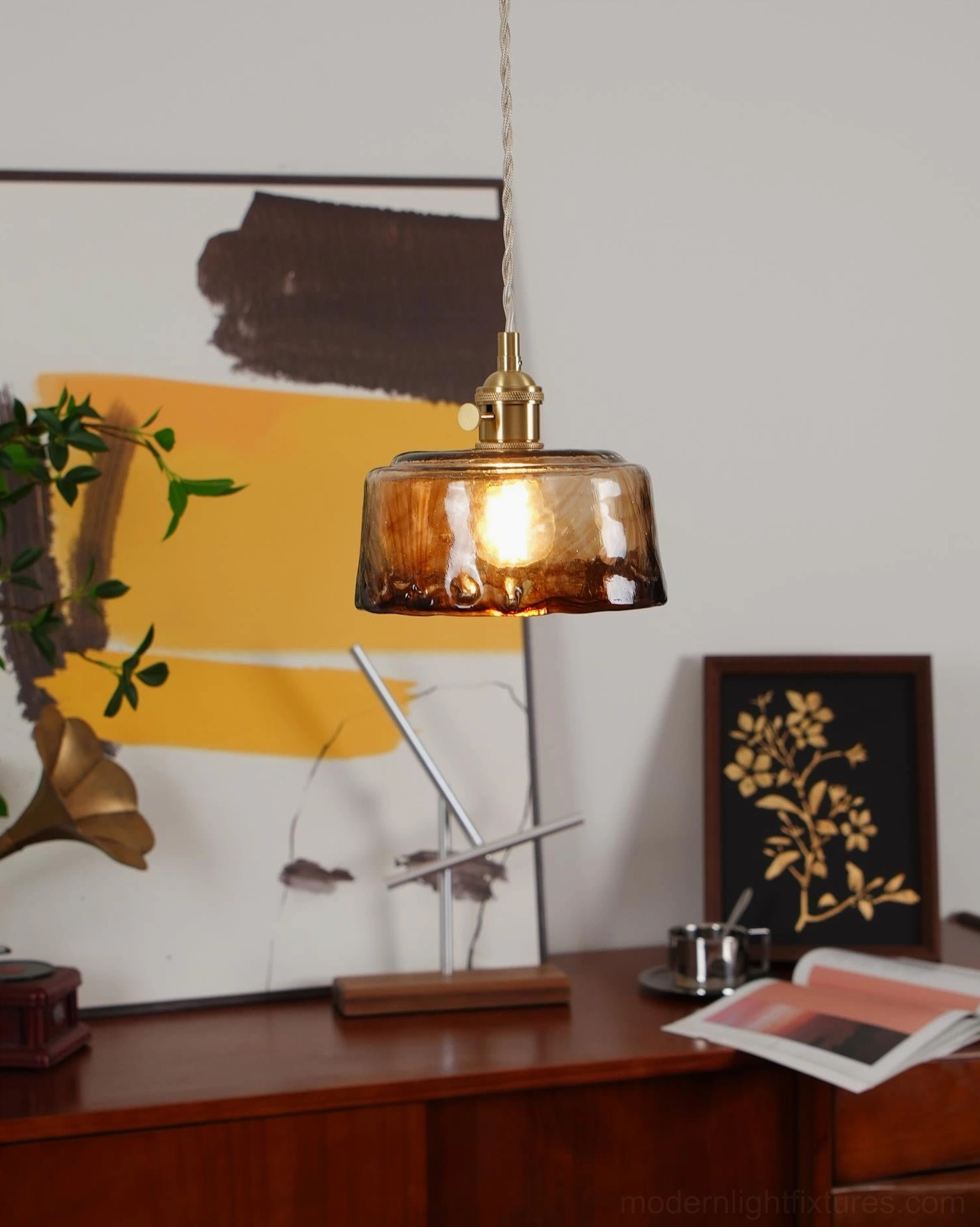 Retro brass and amber glass pendant light - complete fixture assembly