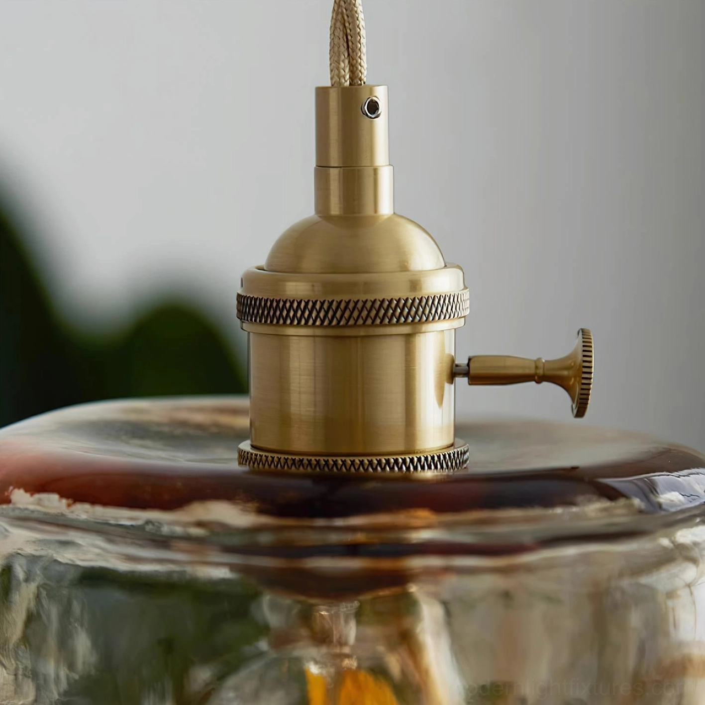Retro brass and amber glass pendant light - decorative fixture display