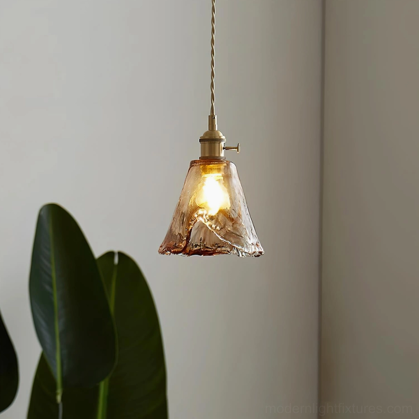 Retro brass and amber glass pendant light - installation ready display