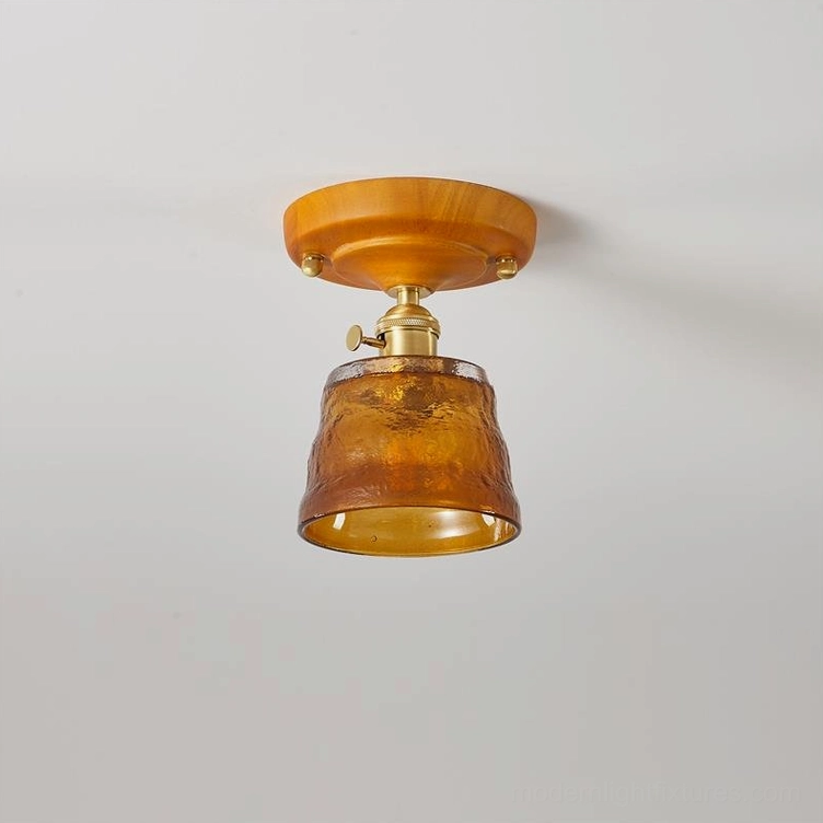 Retro brass and wood ceiling light mount with hand-blown glass diffuser interior lighting