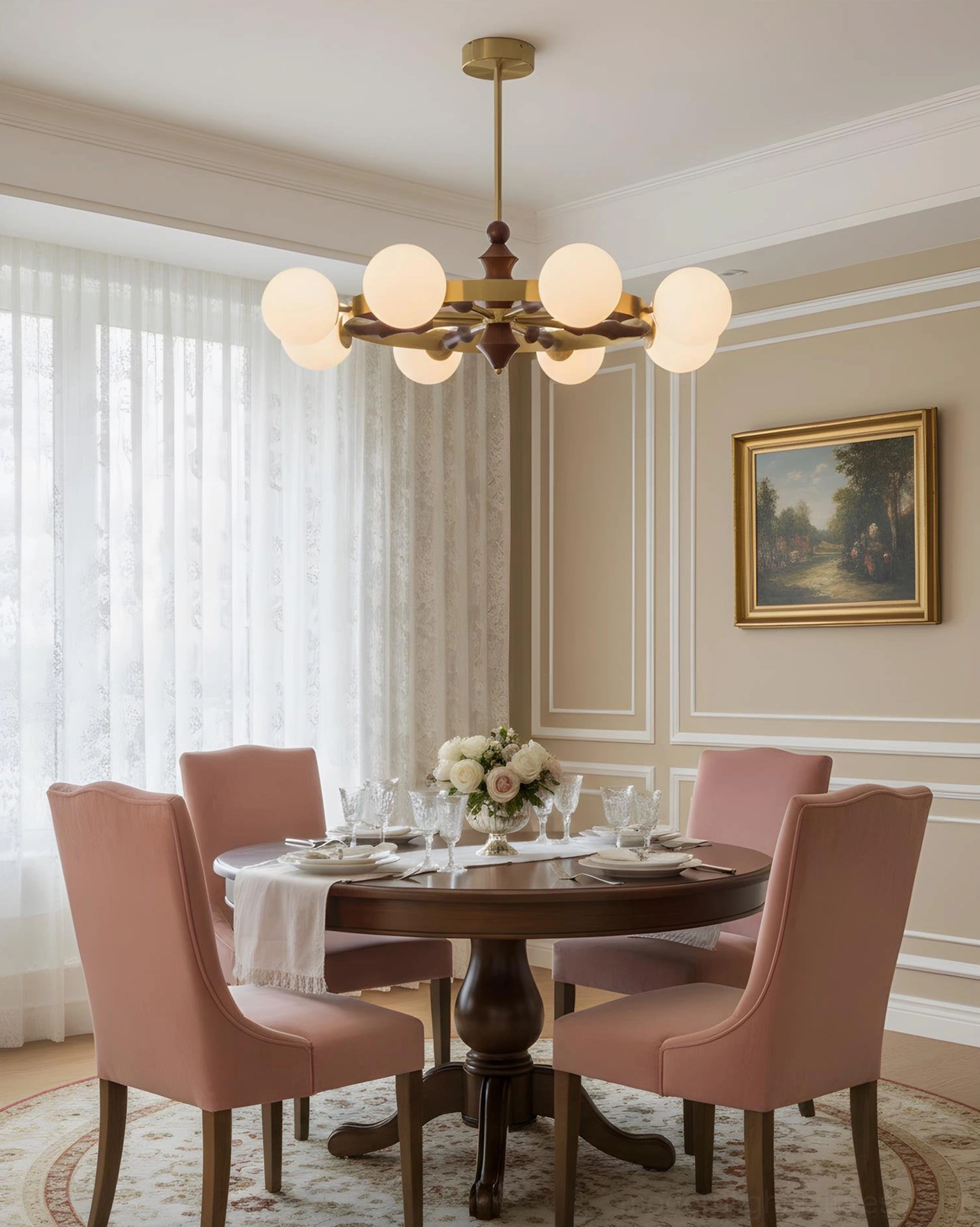 Brass and wood mid-century modern chandelier with frosted glass shades architectural detail