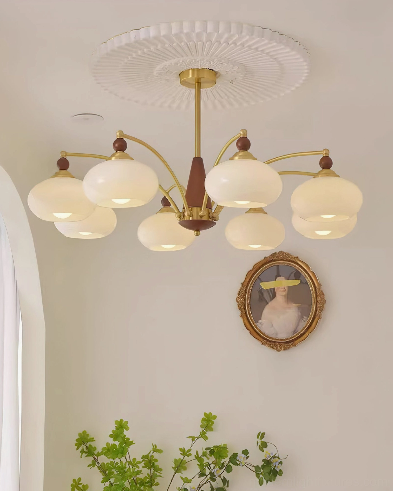 Retro Calliope 3-head vintage chandelier bottom perspective - compact shade arrangement with warm amber glass