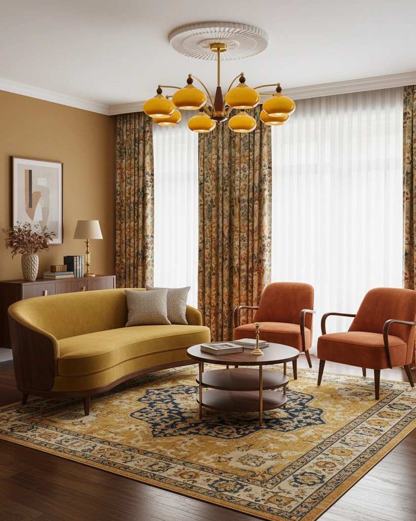 Retro Calliope 3-light chandelier mounted display - showing true scale and proportion in typical room setting