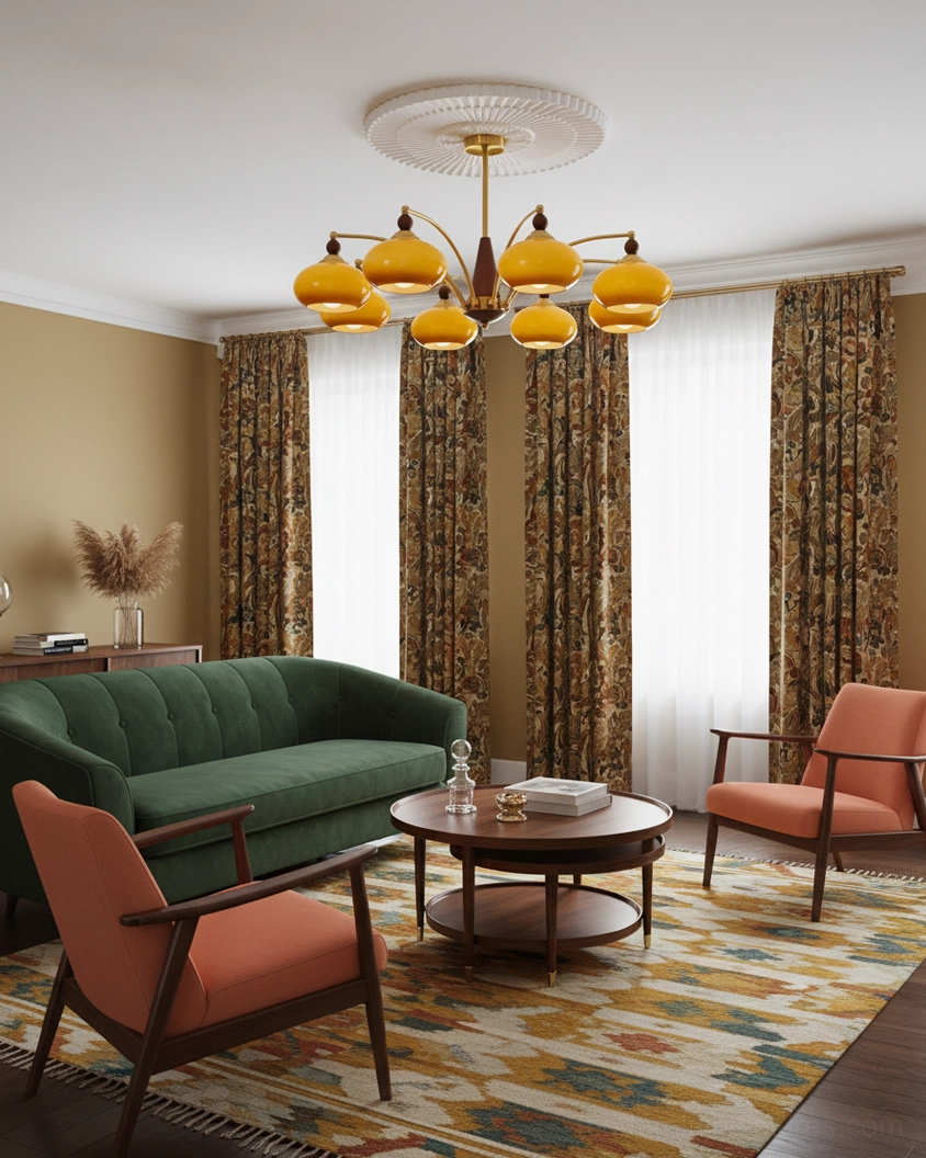 Retro Calliope 3-head pendant light isolated product view - brass accents and amber-toned glass shades