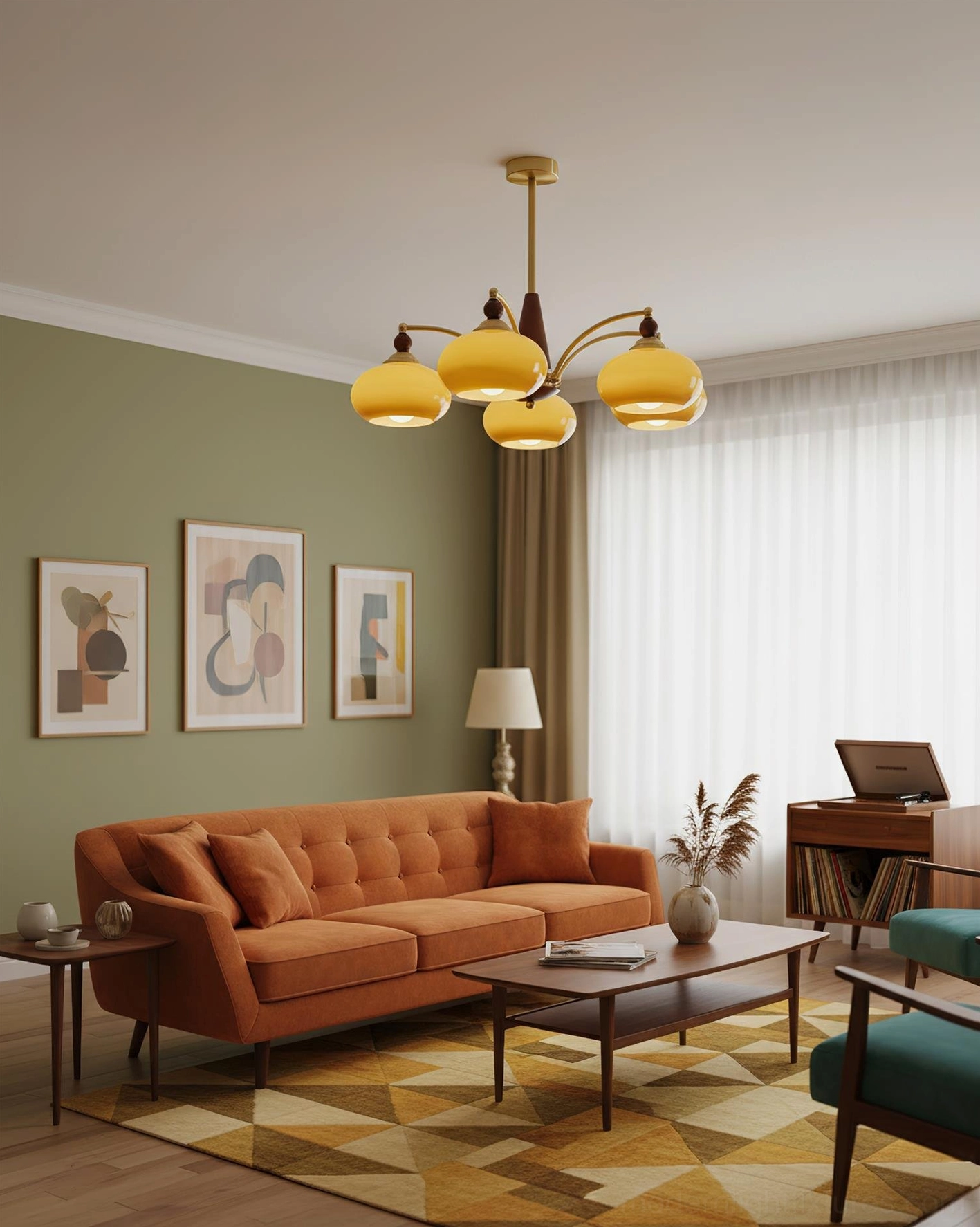 Retro Calliope 5-head chandelier in residential interior space - cozy vintage-inspired brass and glass design